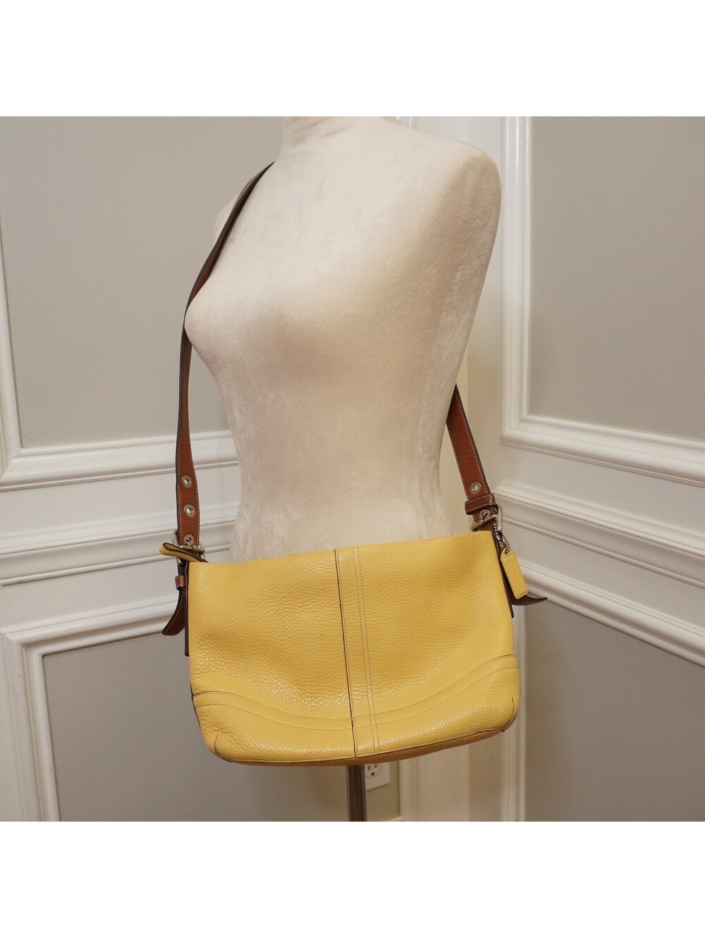 COACH Yellow Pebbled Leather Shoulder Bag with Brown Strap